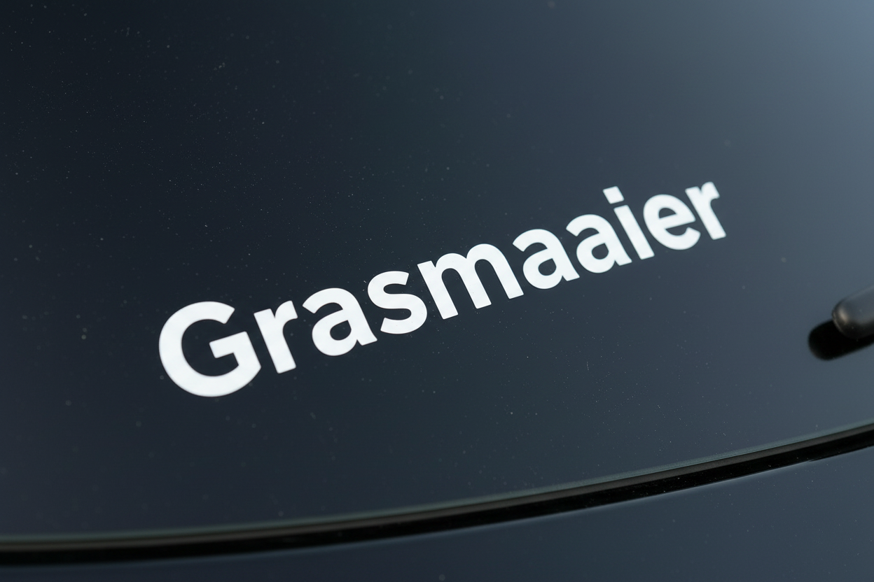 Witte Grasmaaier sticker extreem ingezoomd op achterruit van donkere auto