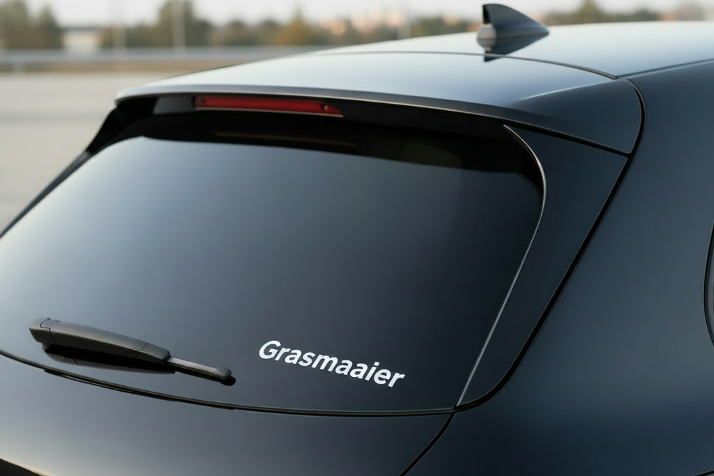 Witte Grasmaaier sticker op achterruit van donkere auto